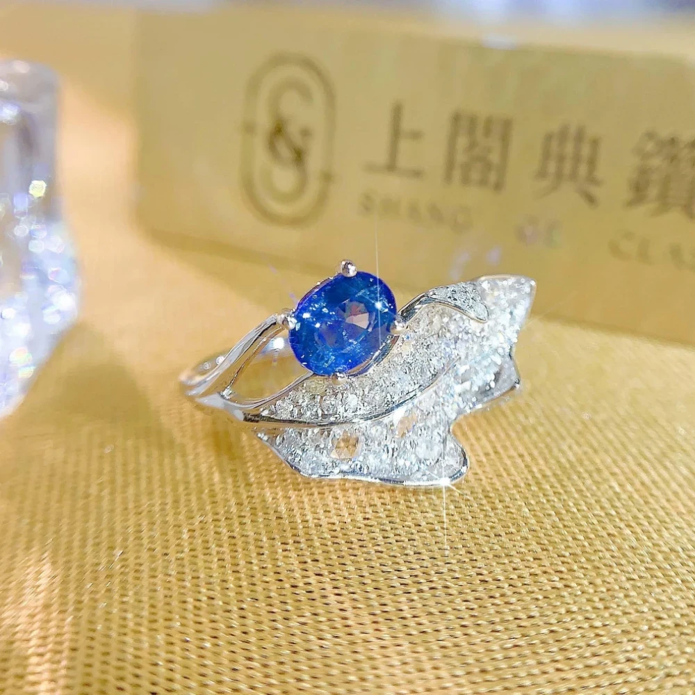 18K天然鑽石-藍寶石一葉方舟造型戒指