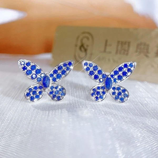 18K天然藍寶石蝴蝶耳環