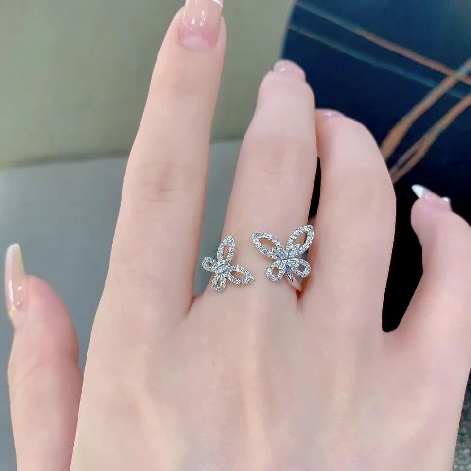 18K天然鑽石-雙蝴蝶開口戒指