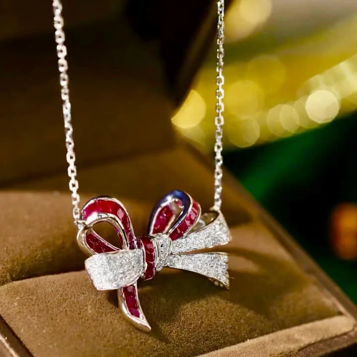 18K天然鑽石-紅寶石蝴蝶結項鍊