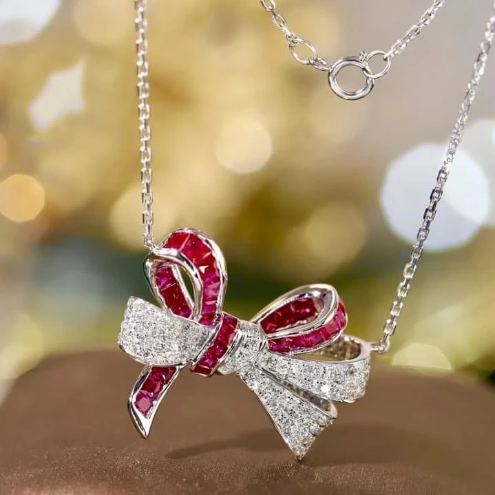 18K天然鑽石-紅寶石蝴蝶結項鍊