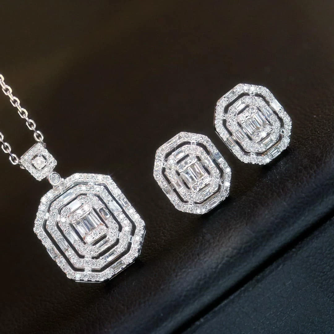 18K天然鑽石-方鑽造型項鍊耳環套組