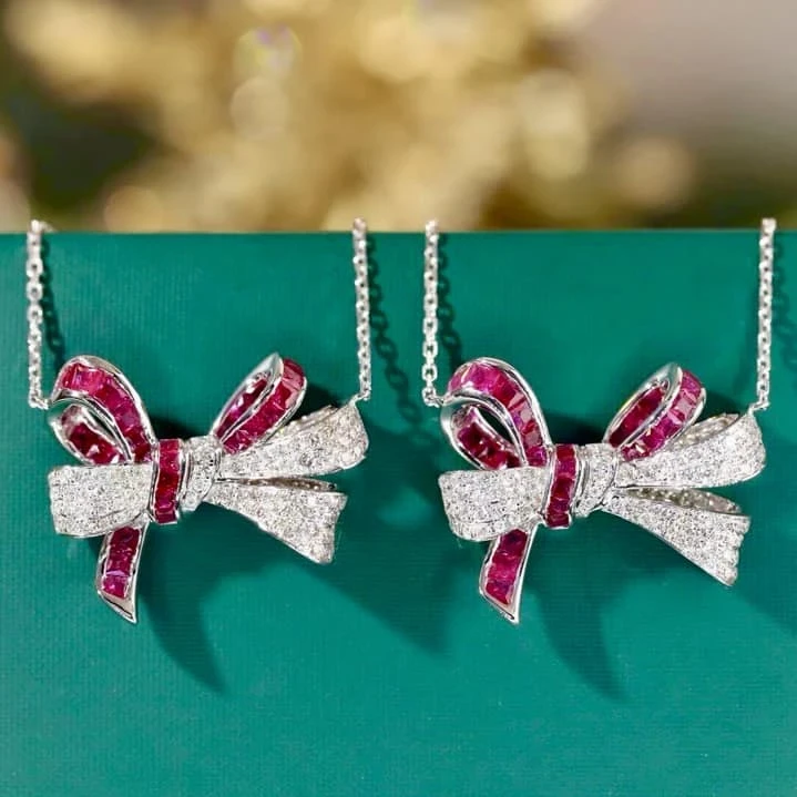 18K天然鑽石-紅寶石蝴蝶結項鍊