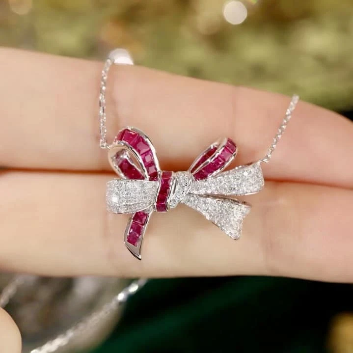 18K天然鑽石-紅寶石蝴蝶結項鍊