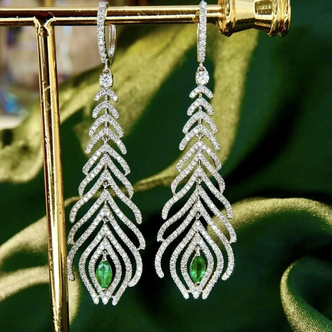 18K天然鑽石-祖母綠羽毛耳環 - 第6張圖 18K天然鑽石-祖母綠羽毛耳環