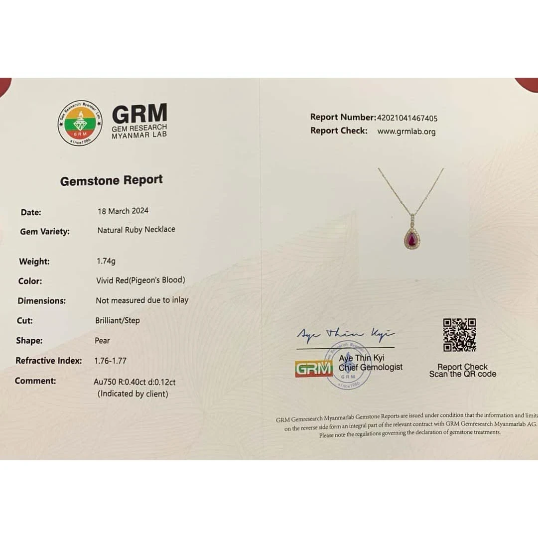 GRM天然鑽石-紅寶石水滴形項鍊