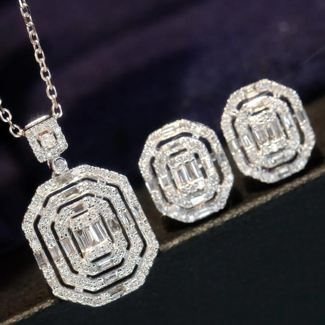 18K天然鑽石-方鑽造型項鍊耳環套組