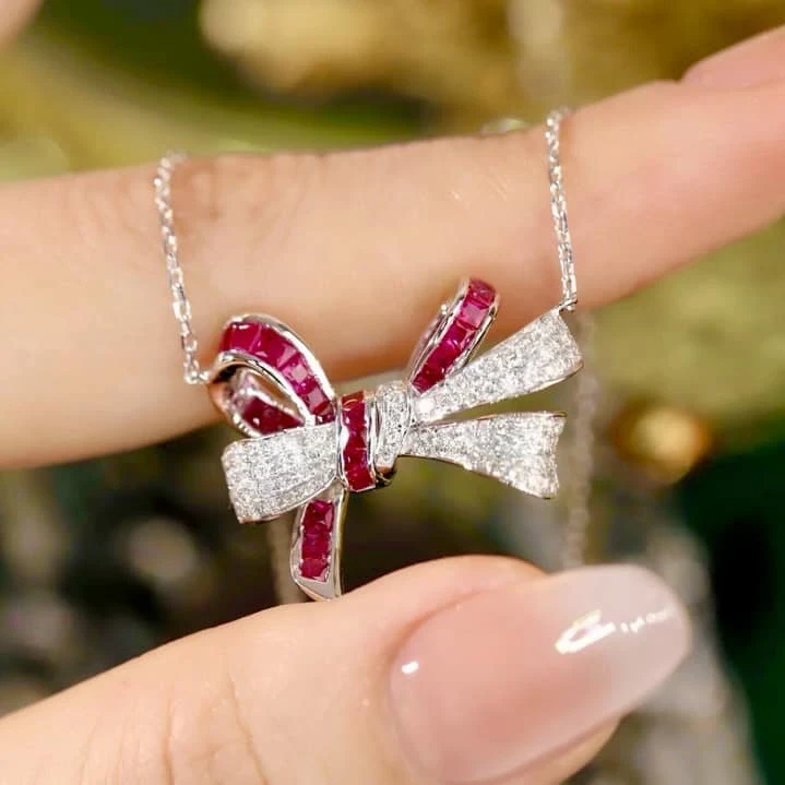 18K天然鑽石-紅寶石蝴蝶結項鍊