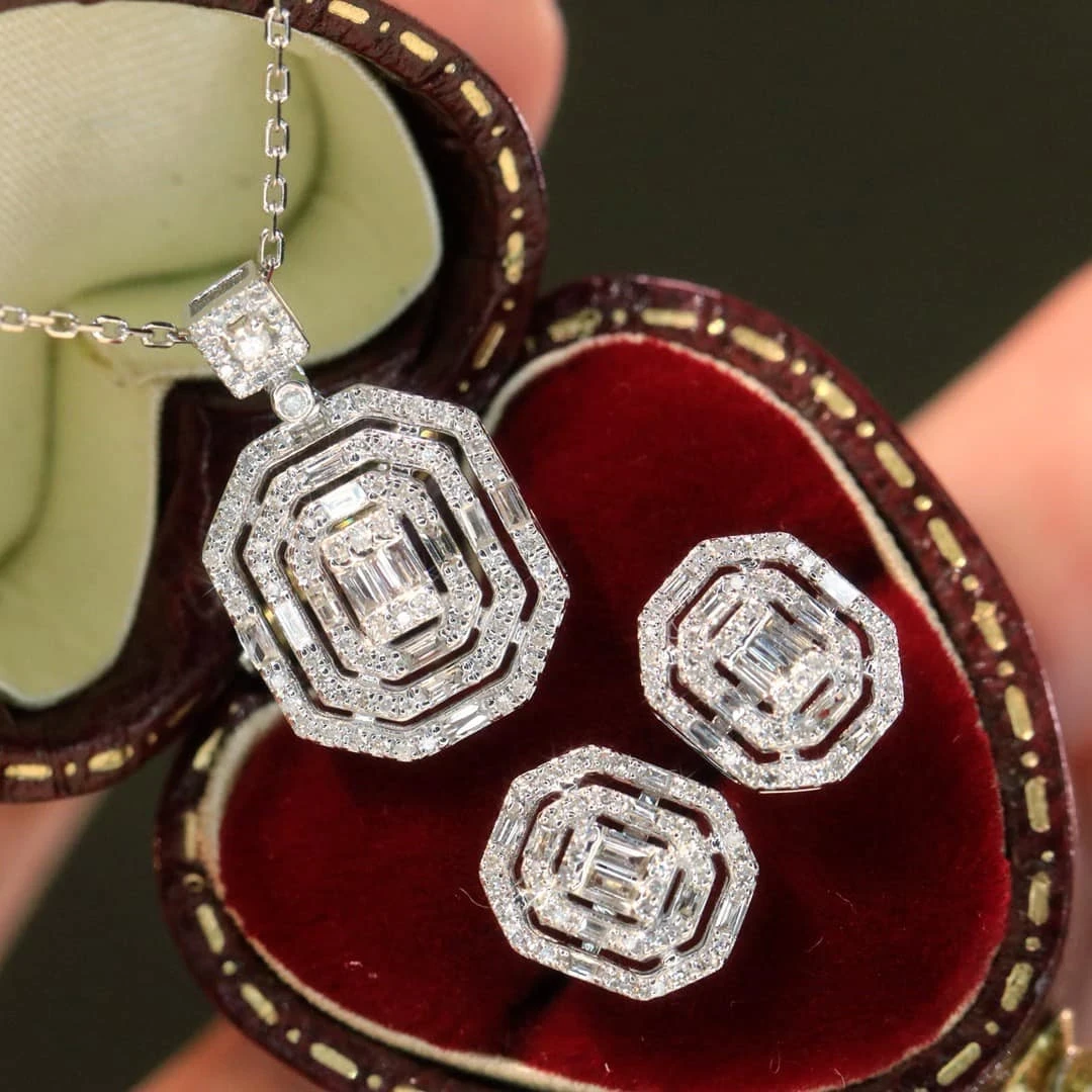 18K天然鑽石-方鑽造型項鍊耳環套組