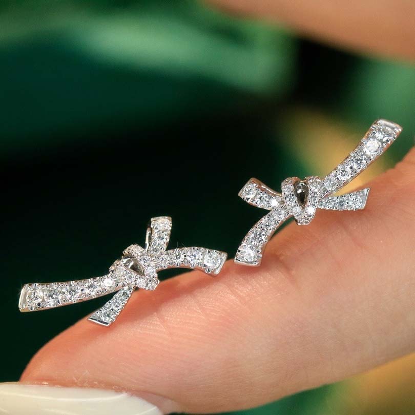 18K天然鑽石時尚蝴蝶結項鍊/戒指/耳環套裝