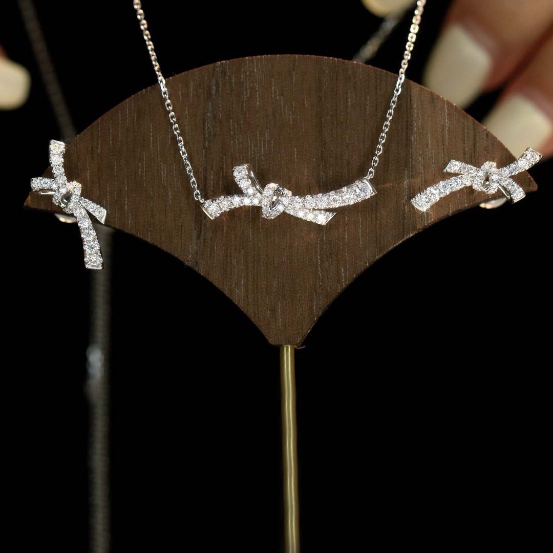 18K天然鑽石時尚蝴蝶結項鍊/戒指/耳環套裝