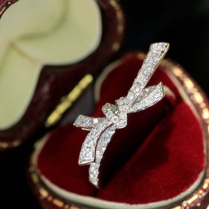 18K天然鑽石時尚蝴蝶結項鍊/戒指/耳環套裝