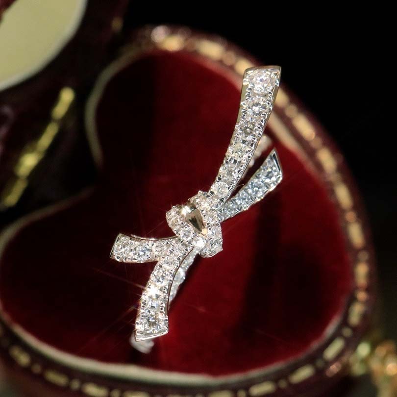 18K天然鑽石時尚蝴蝶結項鍊/戒指/耳環套裝