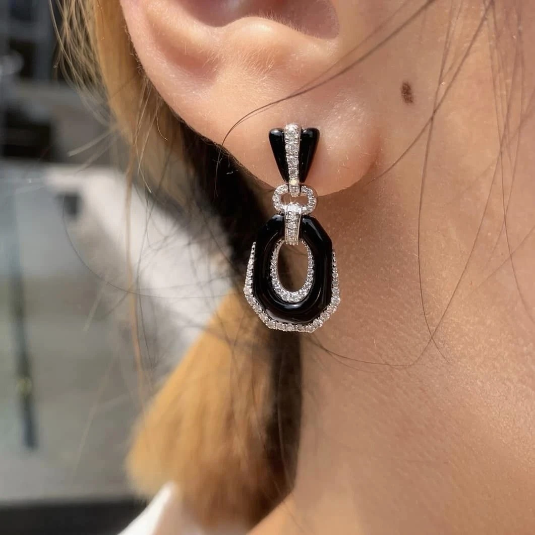 18K天然鑽石-黑瑪瑙耳環