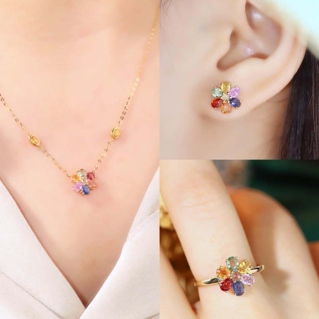 18K天然彩色藍寶石-花朵套組