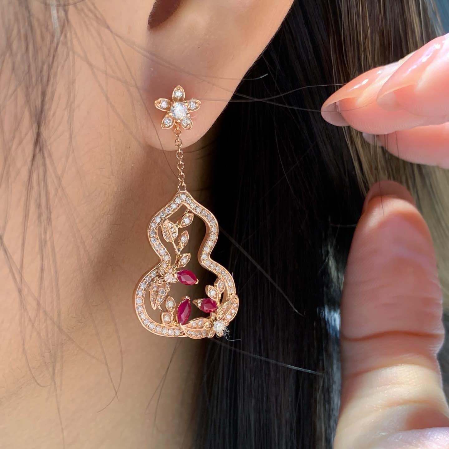 18K天然紅寶石鑽石-國風葫蘆花繁葉茂系列耳環