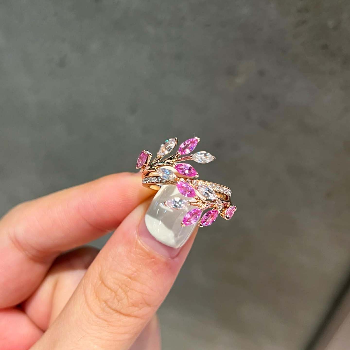 18K天然鑽石-粉藍寶藤蔓戒指