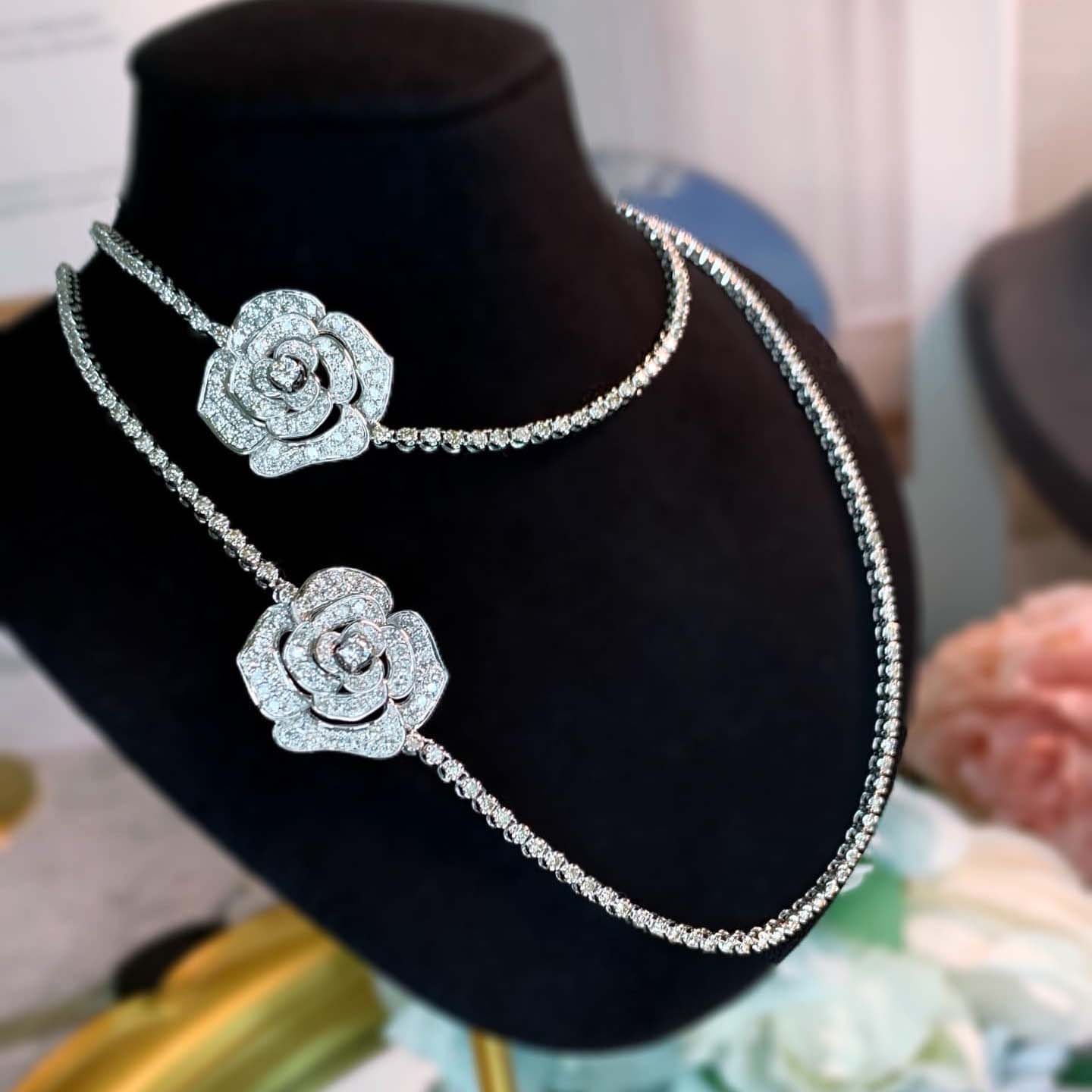 18K天然鑽石-氣質玫瑰花滿鑽項鍊