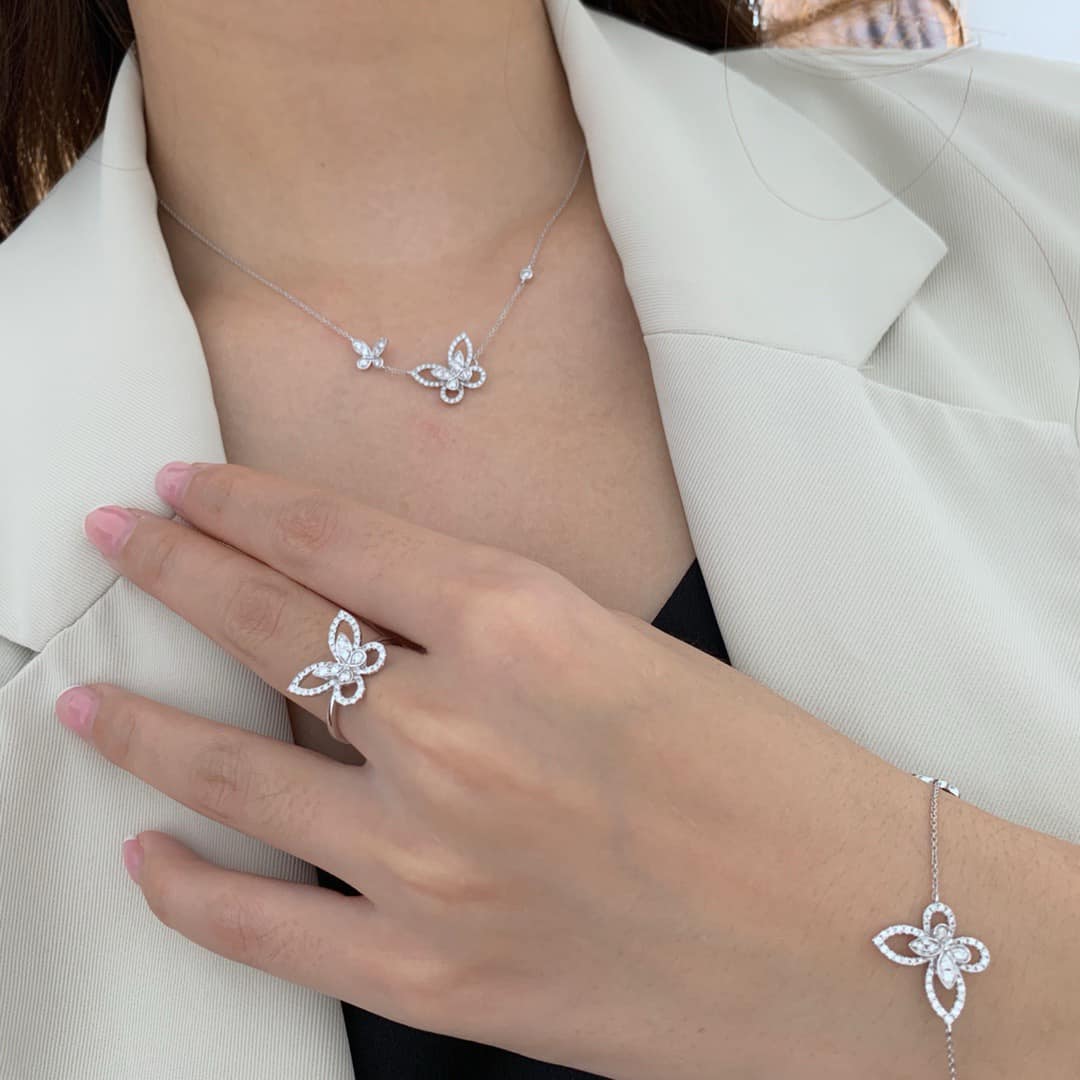 18K天然鑽石-四季蝴蝶花耳環/戒指/手鍊/項鍊