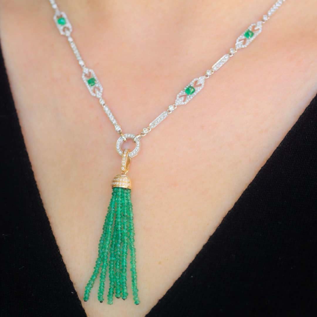 18K天然鑽石-祖母綠流蘇墜飾