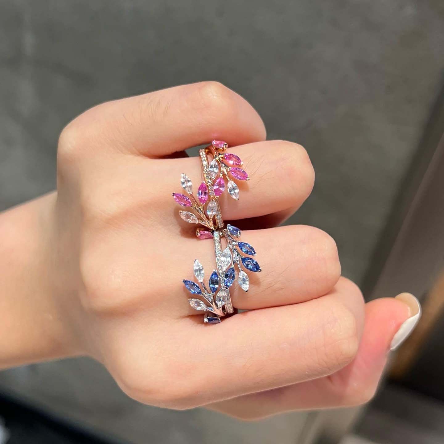 18K天然鑽石-粉藍寶藤蔓戒指