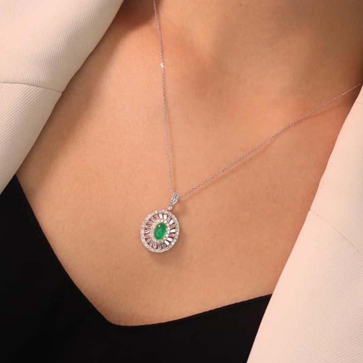 18K天然鑽石-祖母綠橢圓形項鍊