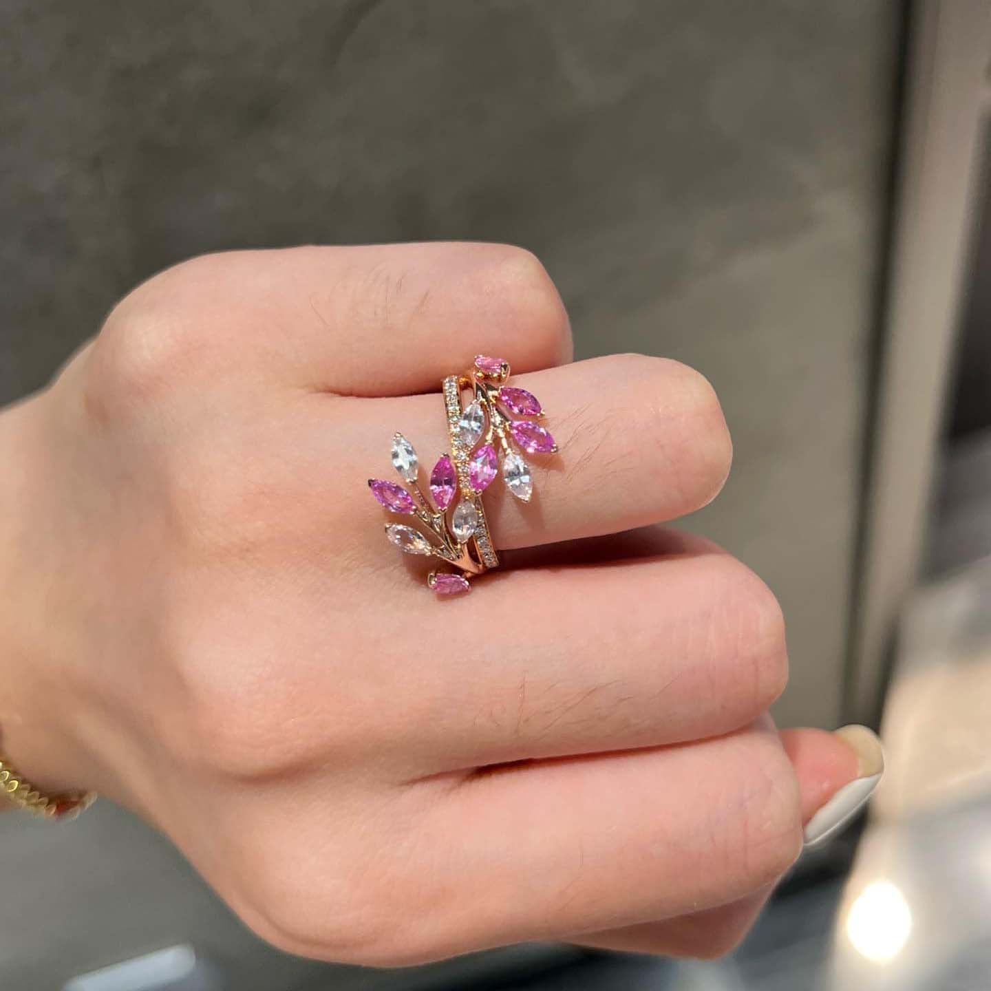 18K天然鑽石-粉藍寶藤蔓戒指