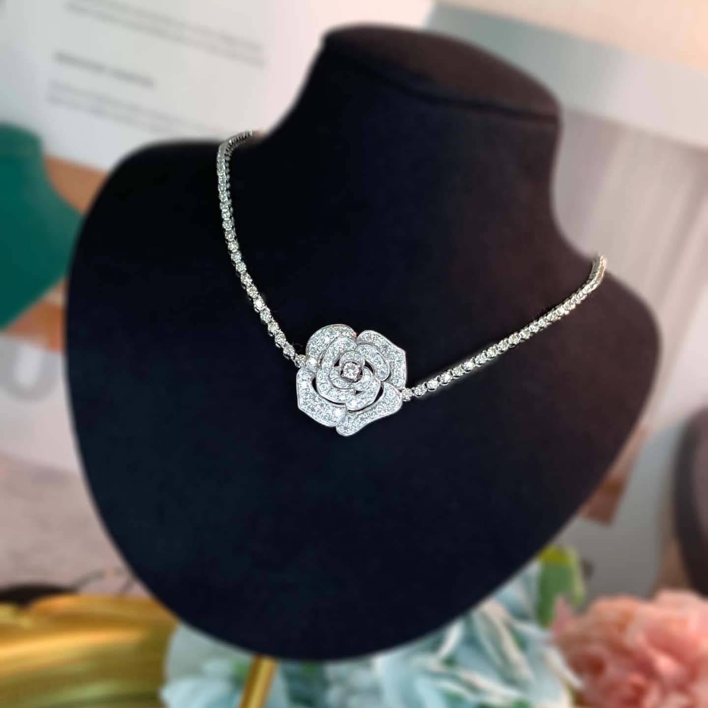 18K天然鑽石-氣質玫瑰花滿鑽項鍊