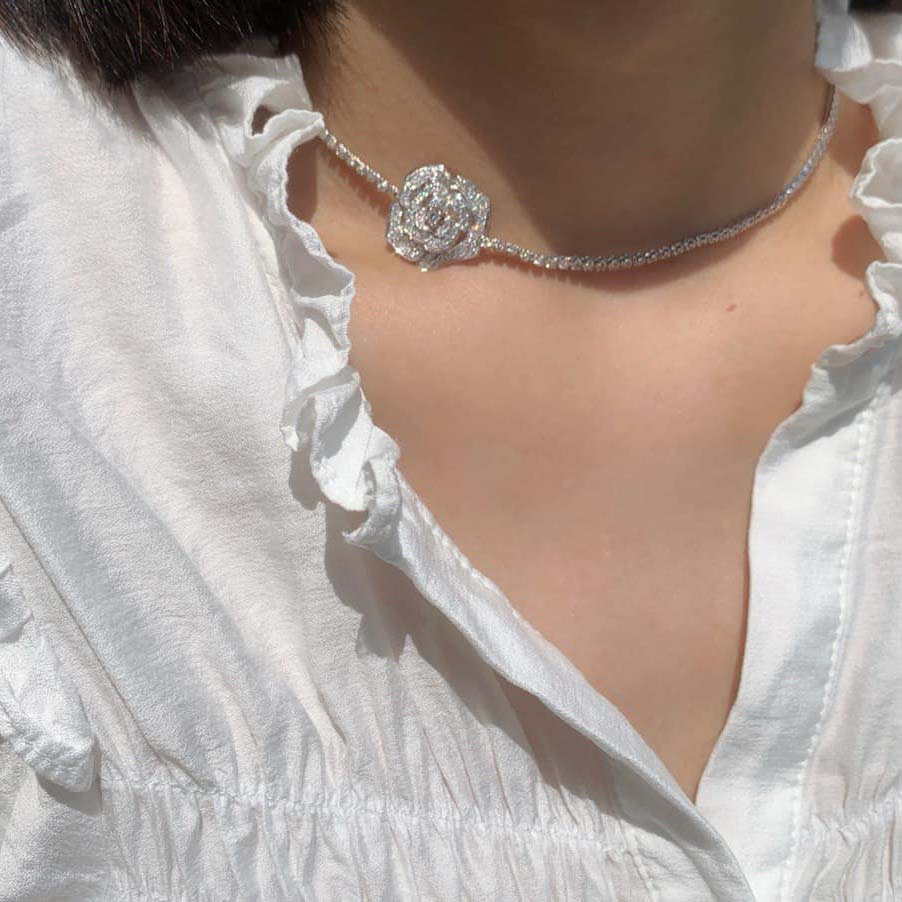 18K天然鑽石-氣質玫瑰花滿鑽項鍊