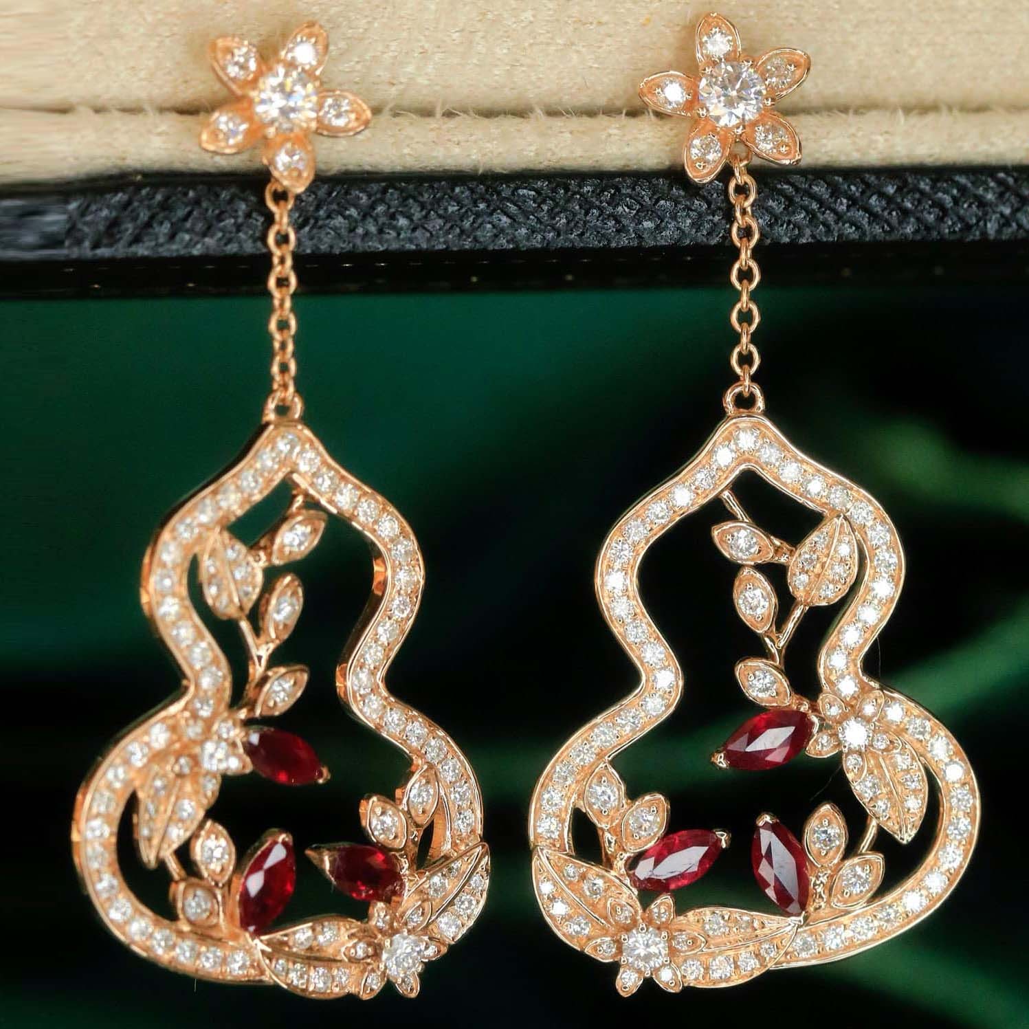 18K天然紅寶石鑽石-國風葫蘆花繁葉茂系列耳環 - 第4張圖 18K天然紅寶石鑽石-國風葫蘆花繁葉茂系列耳環