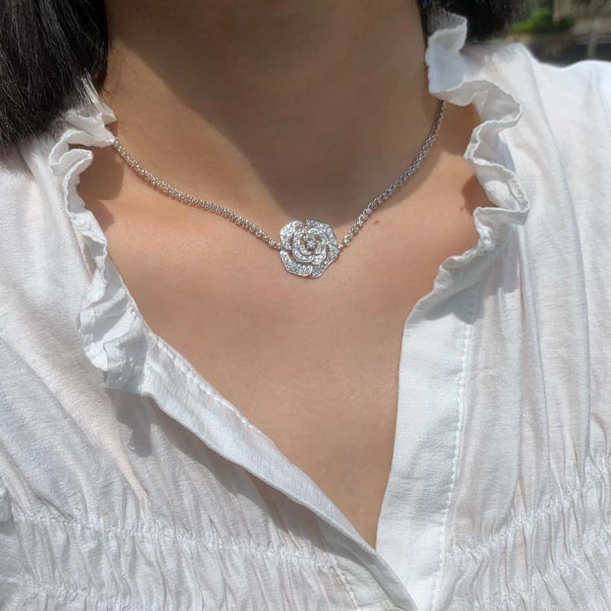 18K天然鑽石-氣質玫瑰花滿鑽項鍊