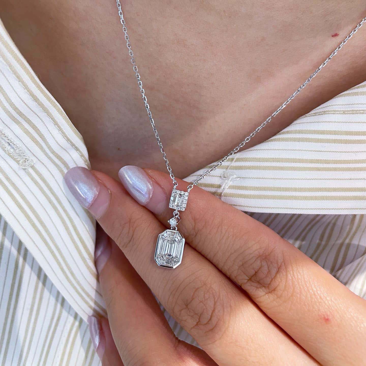 18K天然鑽石-祖母綠型拼鑲項鍊