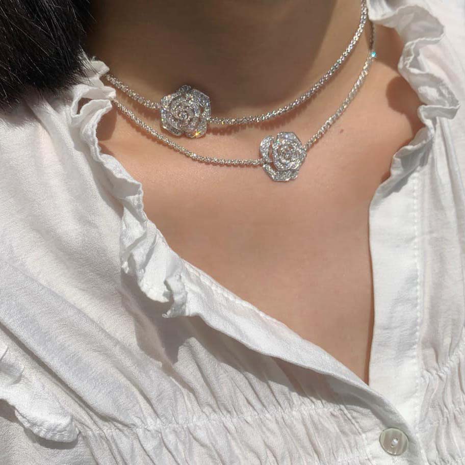 18K天然鑽石-氣質玫瑰花滿鑽項鍊