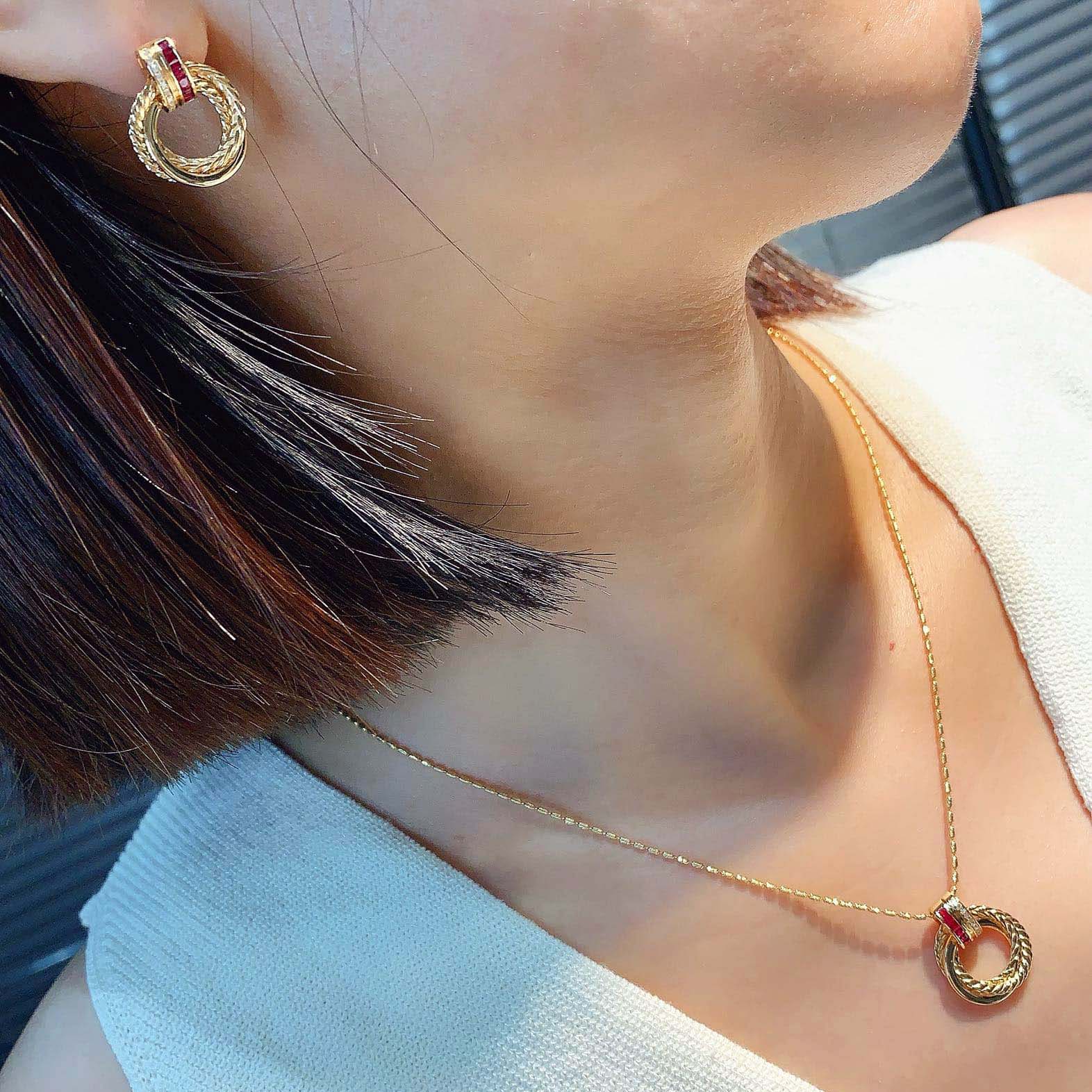 18K天然鑽石-紅寶石三環墜飾/耳環