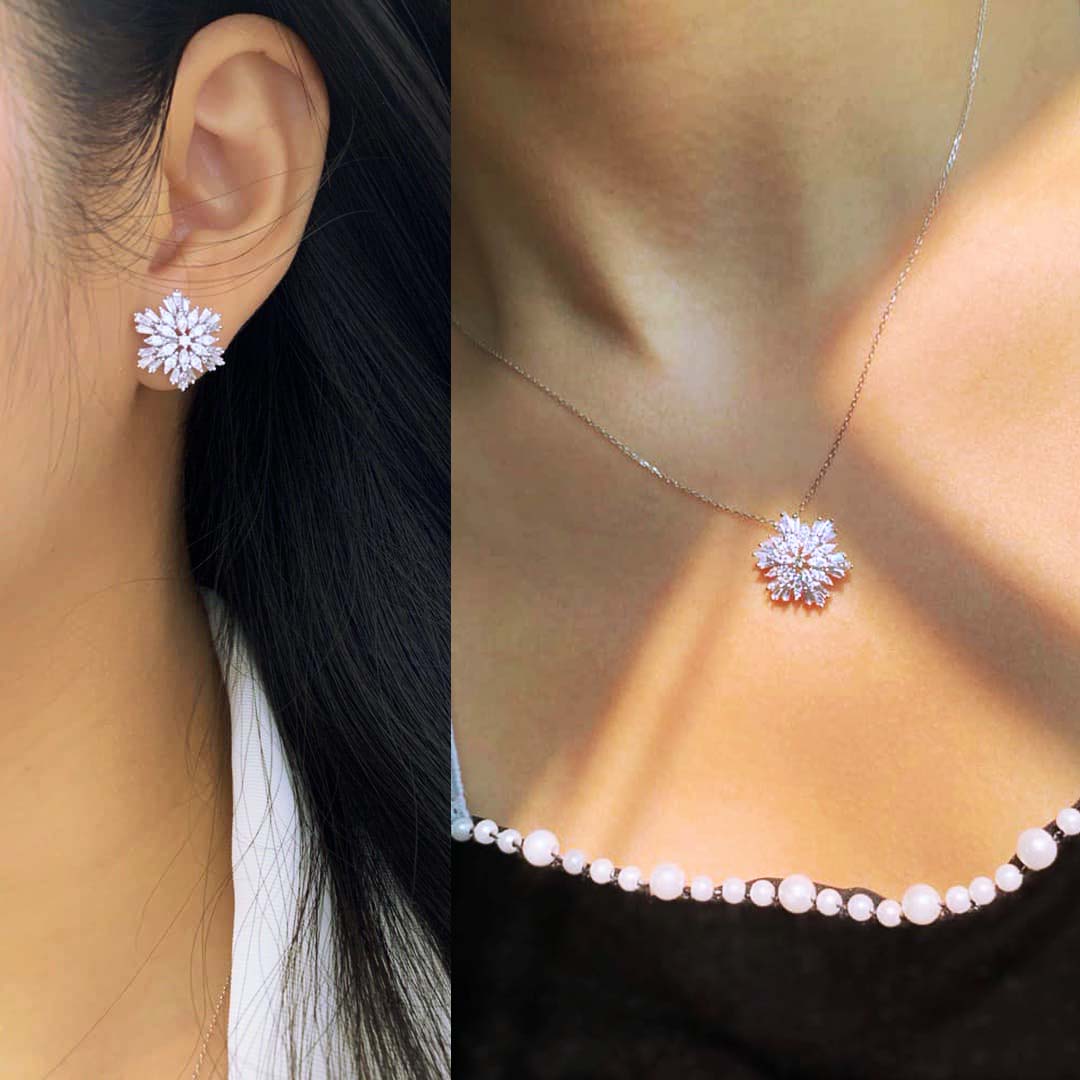 18K天然鑽石-精緻雪花項鍊/耳環