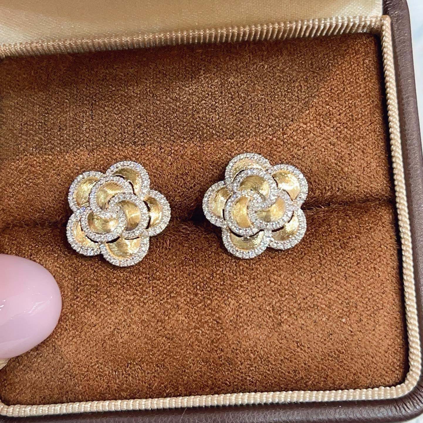 18K天然鑽石-拉絲花朵耳環