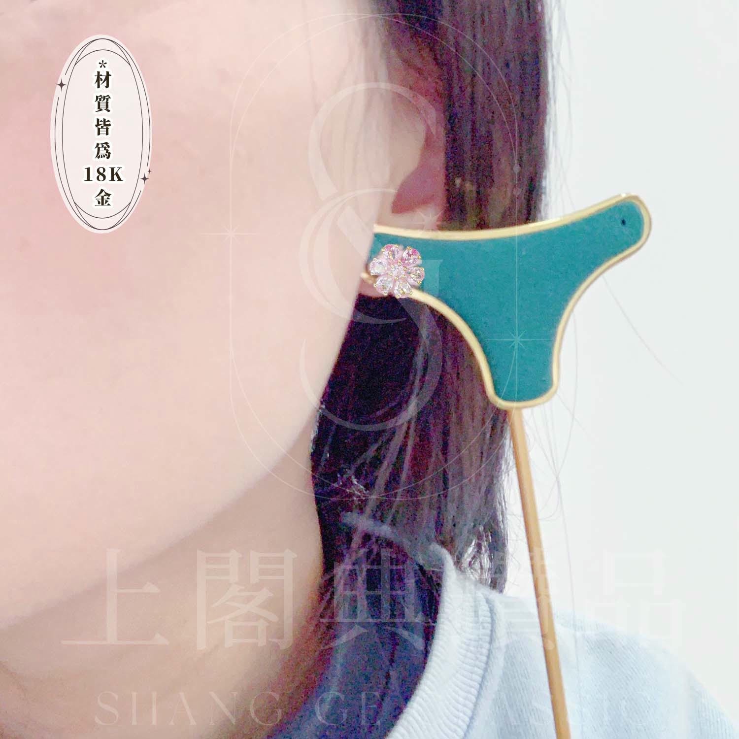 18K天然粉藍寶-轉動小花耳環