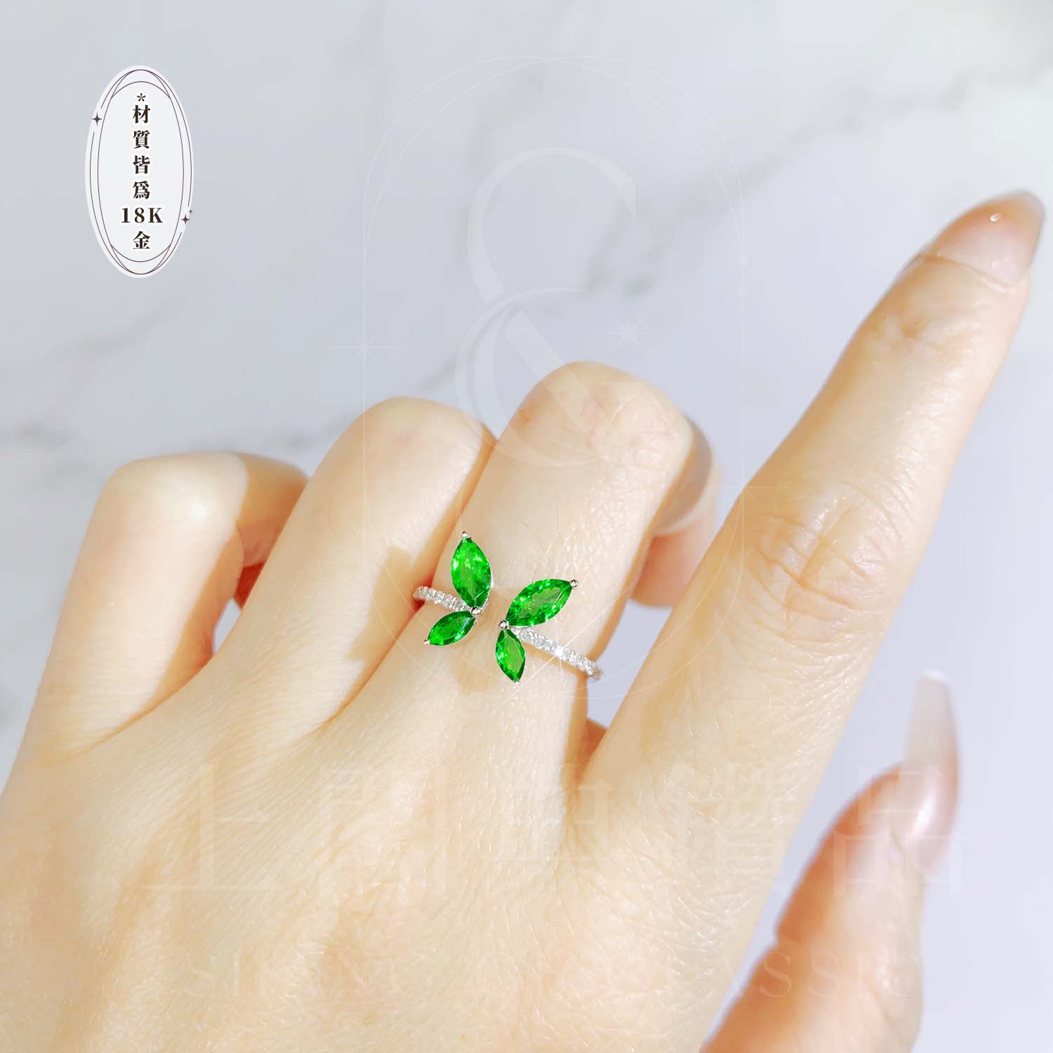 18K天然鑽石-沙弗萊蝴蝶戒指