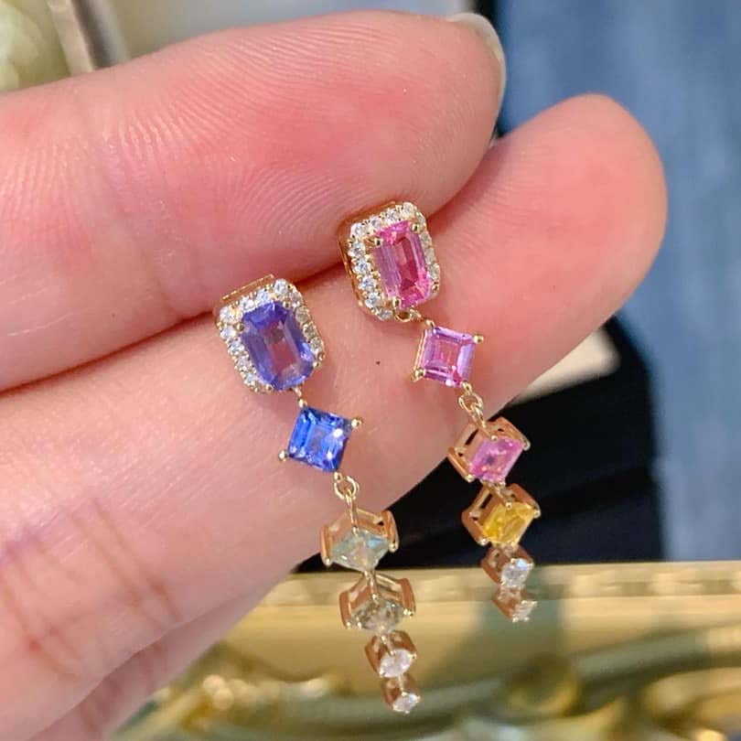 18K天然彩色藍寶石-彩虹鴛鴦耳環