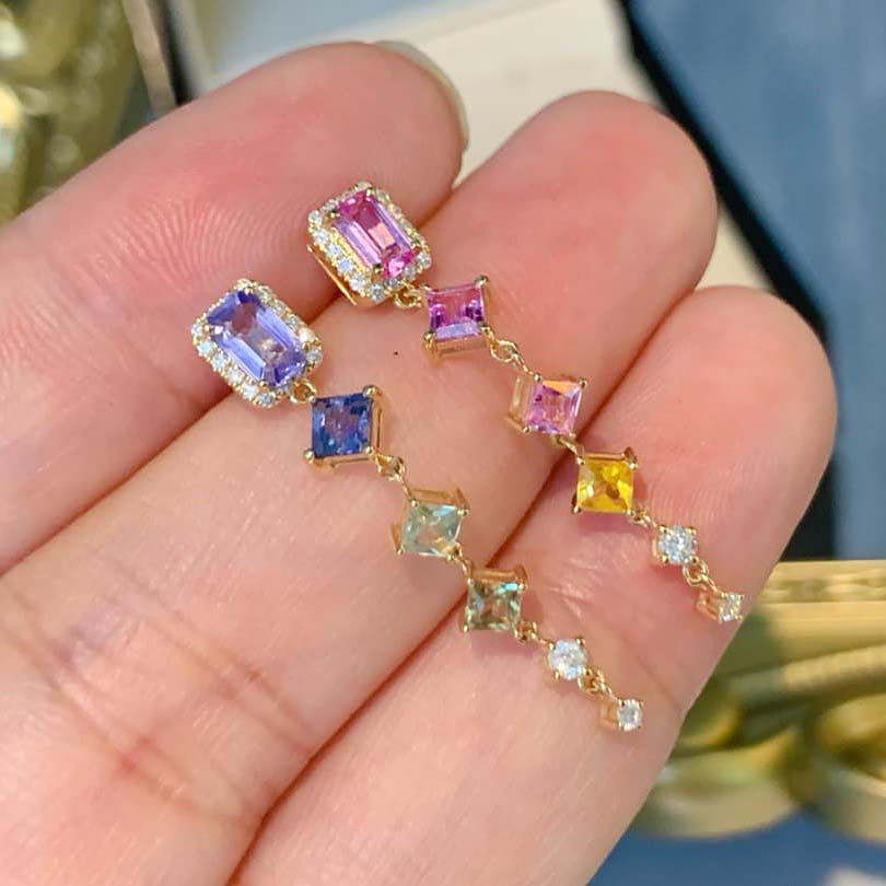 18K天然彩色藍寶石-彩虹鴛鴦耳環