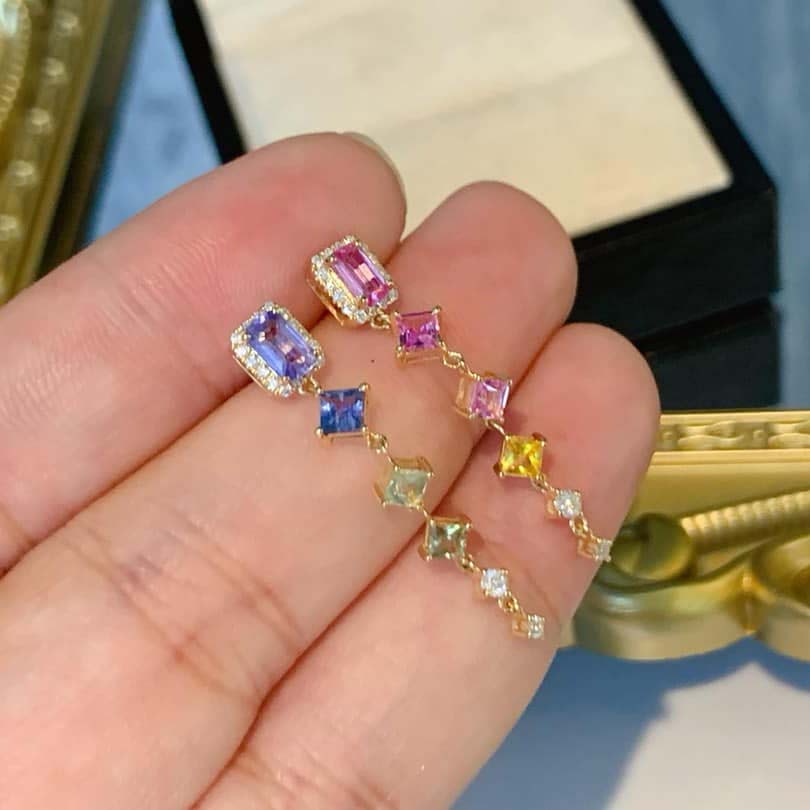 18K天然彩色藍寶石-彩虹鴛鴦耳環