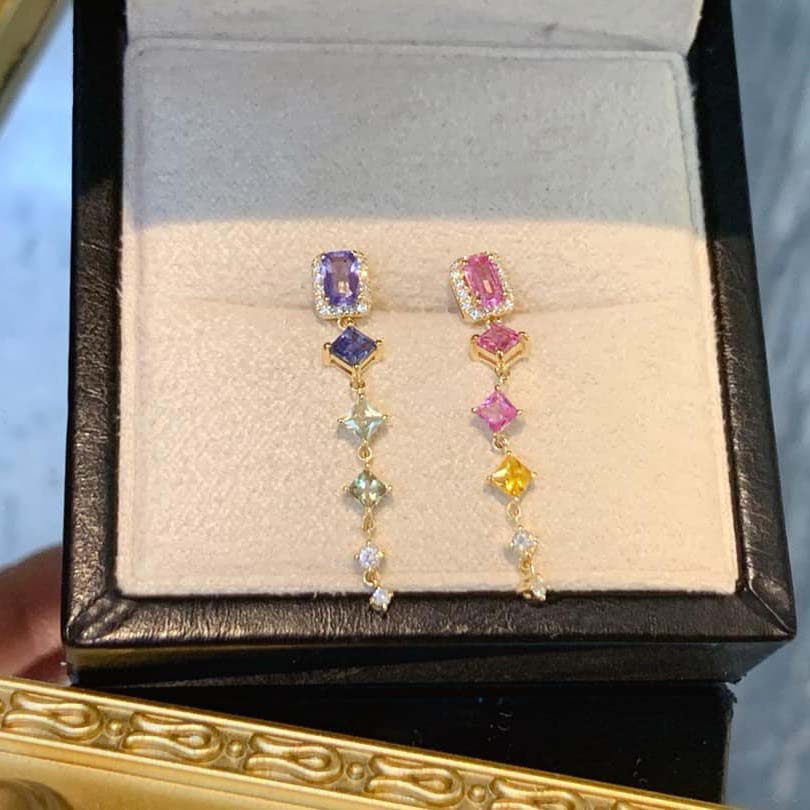 18K天然彩色藍寶石-彩虹鴛鴦耳環