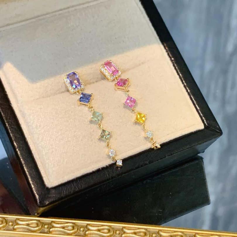 18K天然彩色藍寶石-彩虹鴛鴦耳環