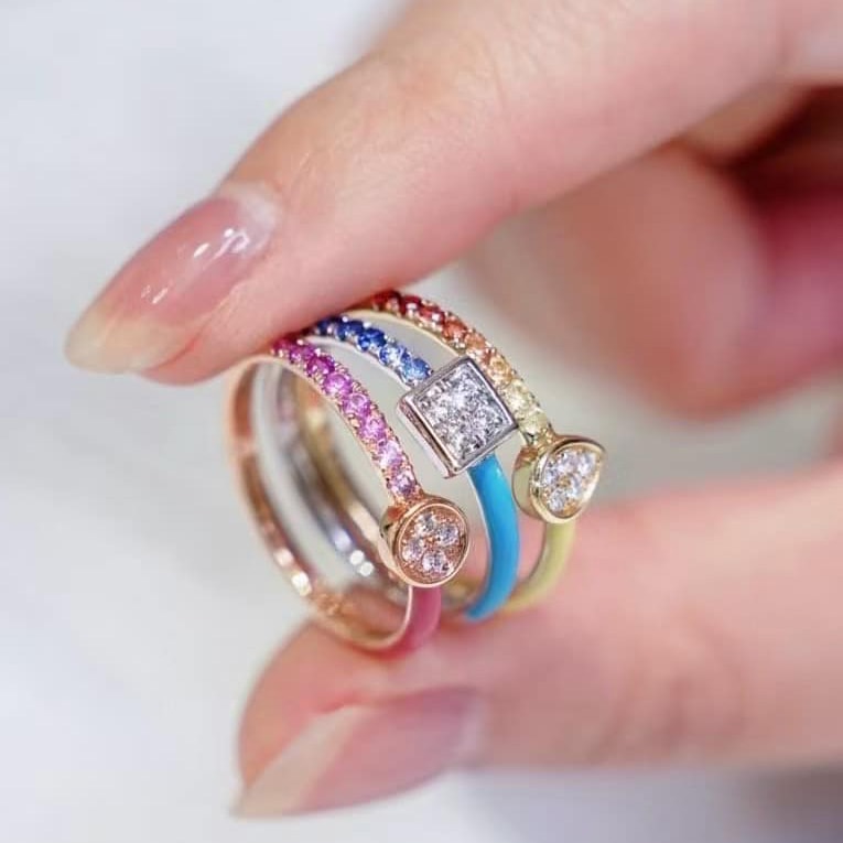 18K天然彩色藍寶石-多巴胺彩虹色戒指