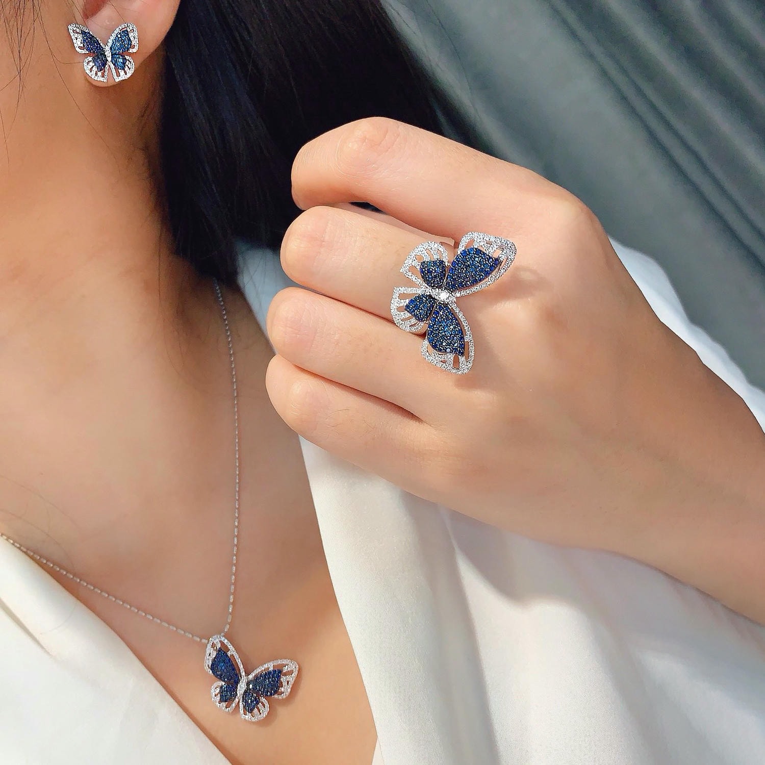 18K天然藍寶石-大器藍蝴蝶耳環/兩用戒指