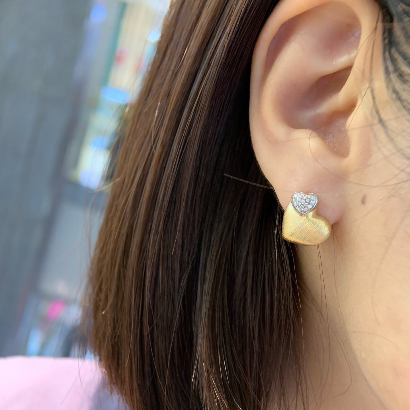 18K天然鑽石-大尺寸拉絲愛心耳環