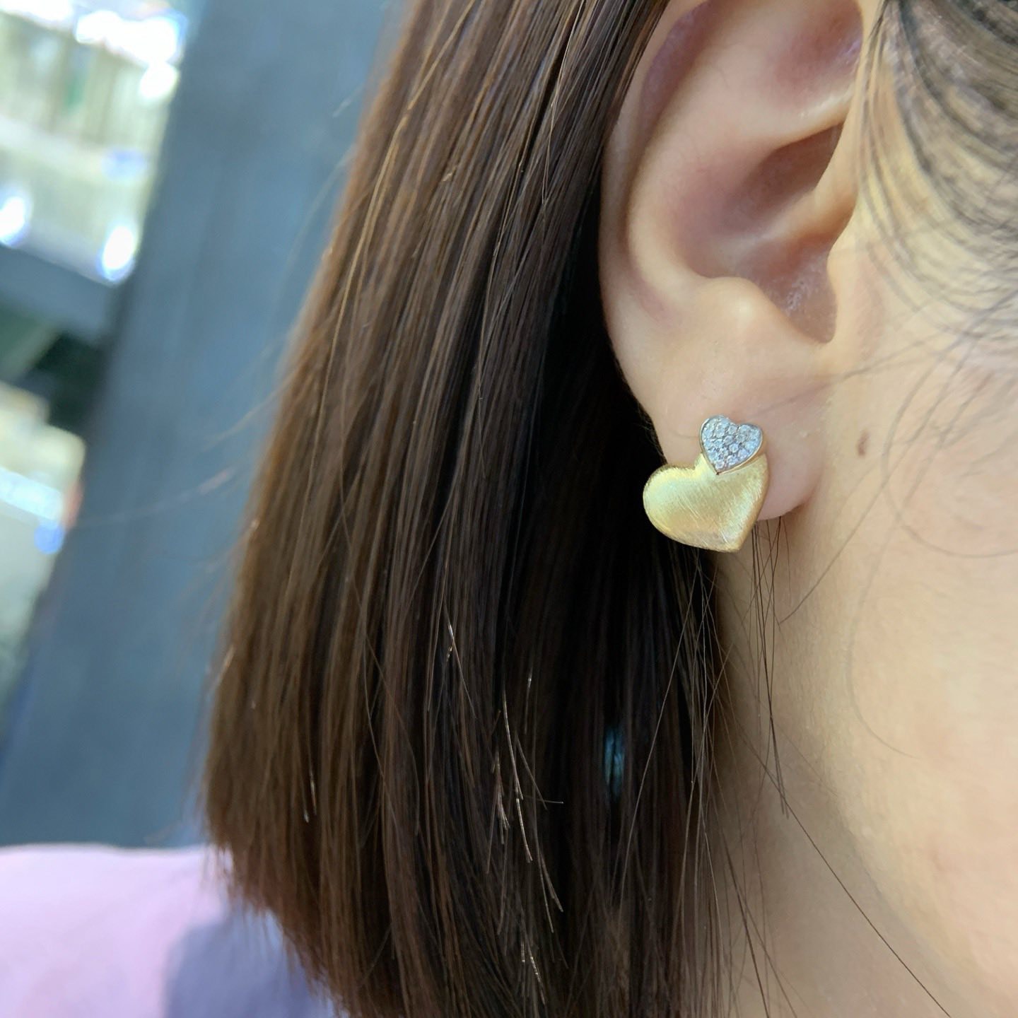 18K天然鑽石-大尺寸拉絲愛心耳環