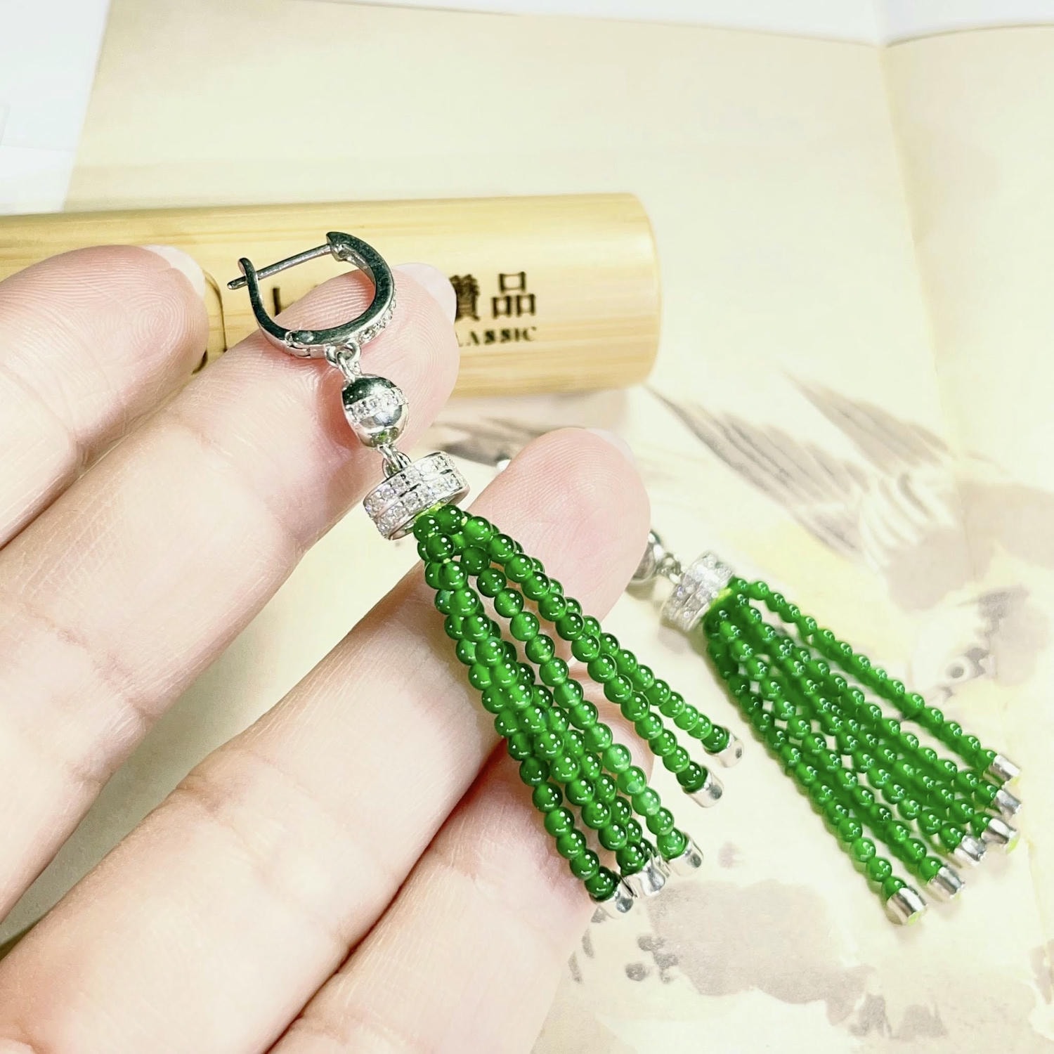 天然翡翠-A貨翡翠流蘇耳環