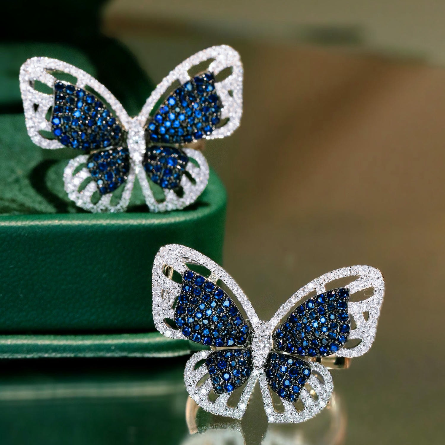 18K天然藍寶石-大器藍蝴蝶耳環/兩用戒指