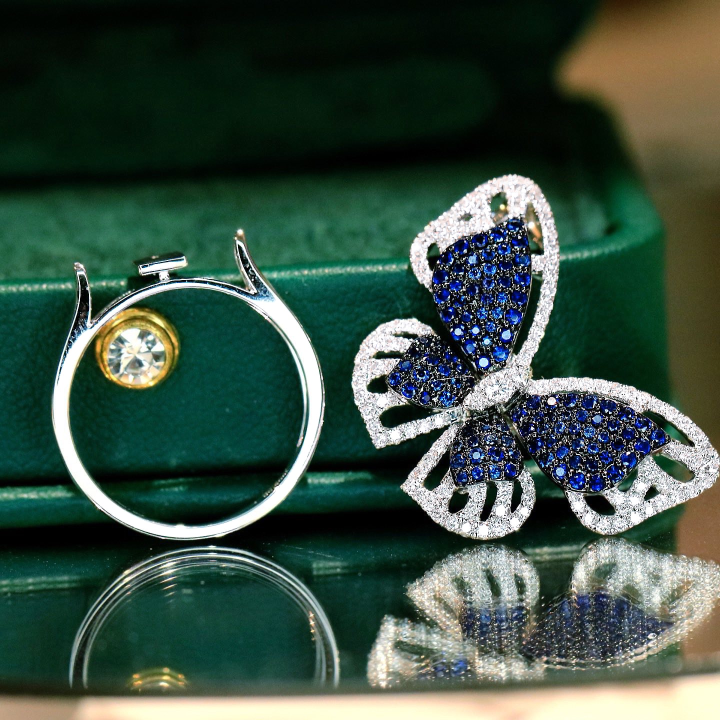 18K天然藍寶石-大器藍蝴蝶耳環/兩用戒指